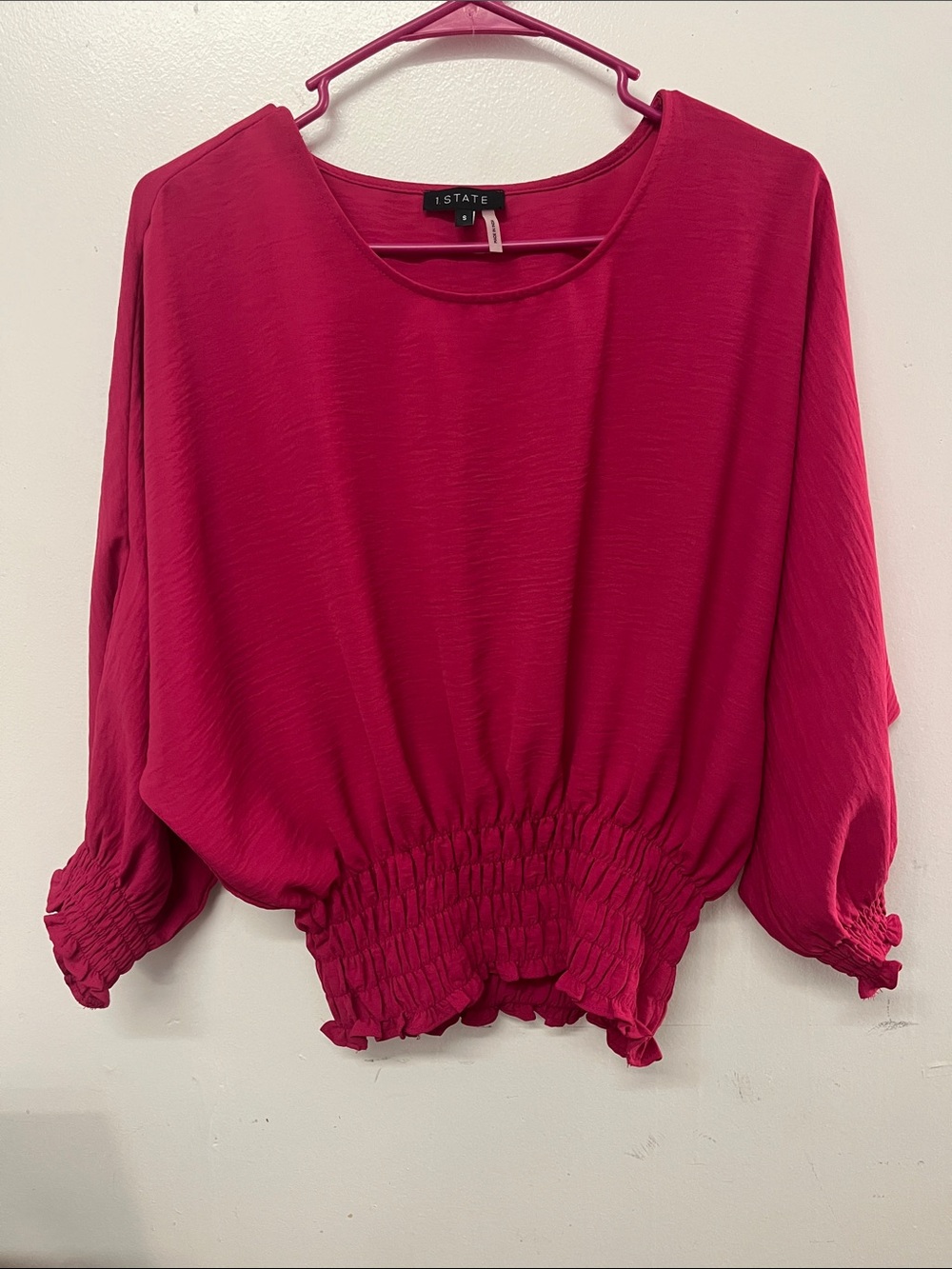 1. State Women's Fuchsia Balloon Sleeve Smocked Hem Top